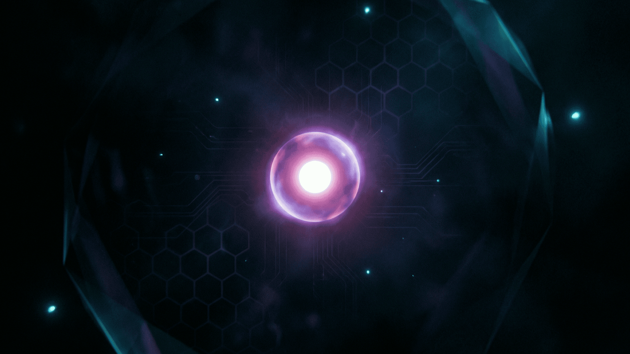 A single hot white-and-magenta reactor core suspended in deep void-black space, ringed by a faint hexagonal lattice and small cyan accent points — the Neuryx Void aesthetic.